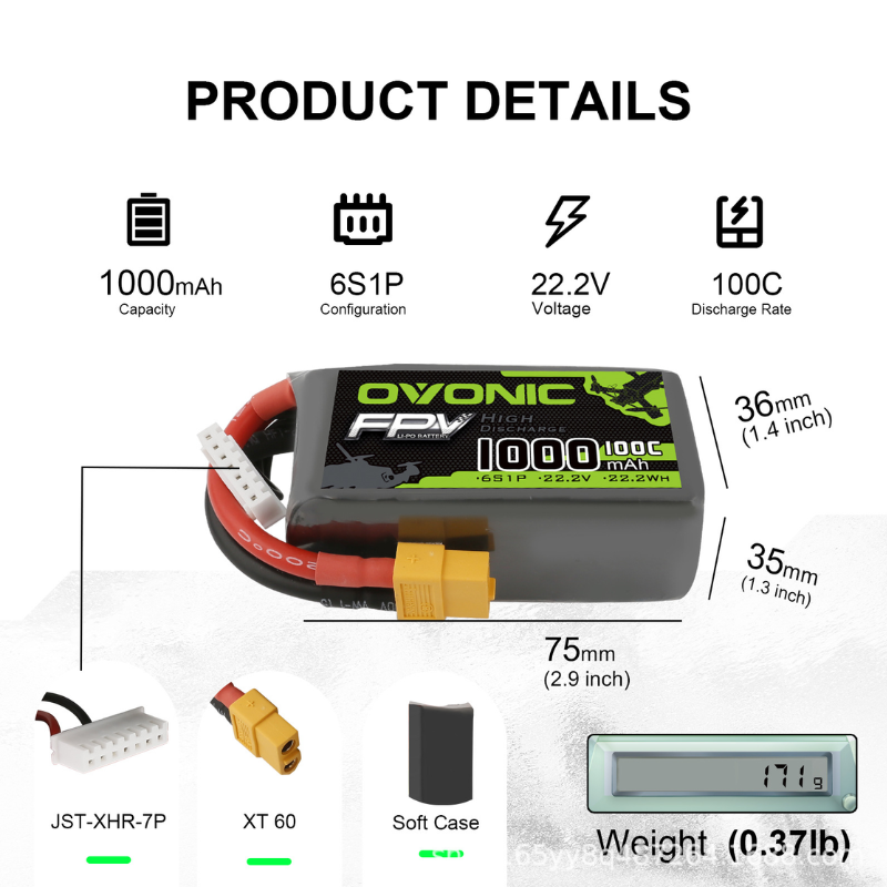 2Pcs OVONIC 1000mAh 100C 22.2V – Drone Battery 6S recenzja i cena